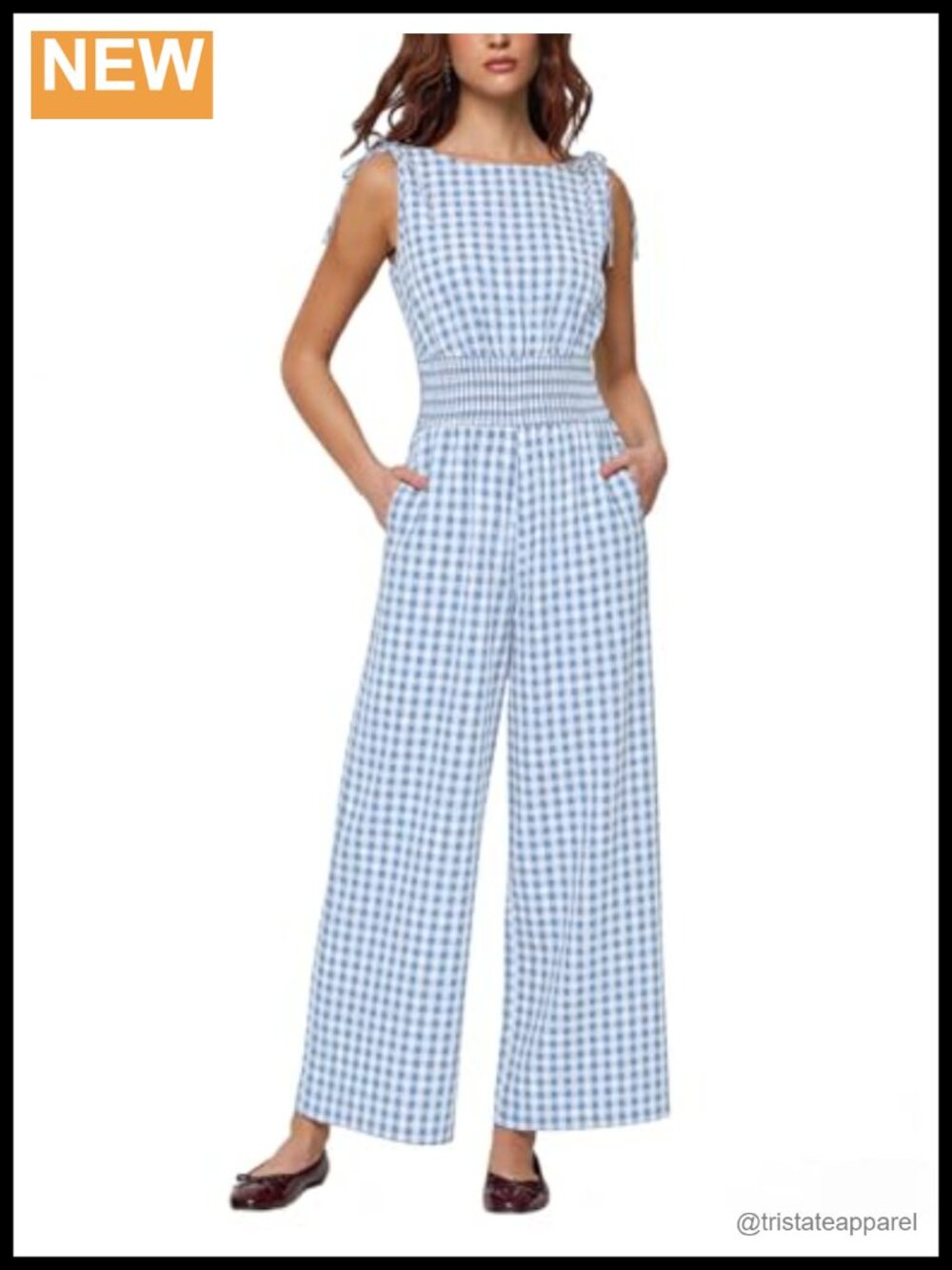Smocked Waist Wide Leg Sleeveless Jumpsuit with Pockets Cotton